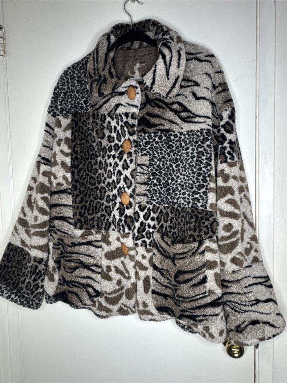 IZZI Outerwear Statement Cozy Sherpa Jacket Animal Print Patchwork Coat Button L